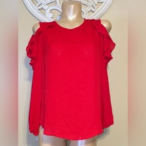 Iz Byer women’s XL 16 18 blouse Vibrant Red cold shoulder ruffle long sleeve